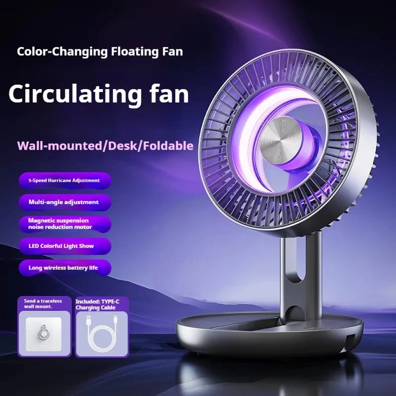Foldable Air Circulation Fan Rechargeable Desk Fan Wall Mounted 5 Speed LED Ambient Light for Home Office