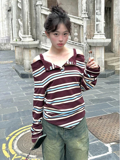 plus Size Women's Autumn Long Sleeve Striped T-Shirt Slimming Stylish Trendy Girl Style Top V-Neck Regular Thickness