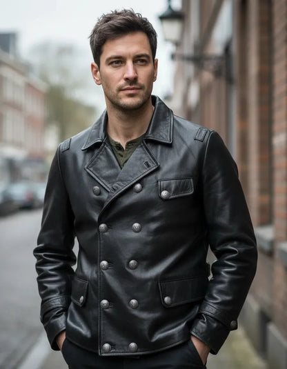 Mens English Gothic Black Leather Trench Coat Military Officer Classic