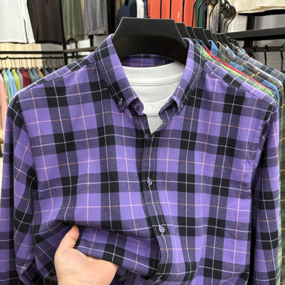 American-style Plaid Long-sleeve Shirt for Men, Pure Cotton Casual Trendy Brand Embroidered Red Shirt Top for Spring and Autumn