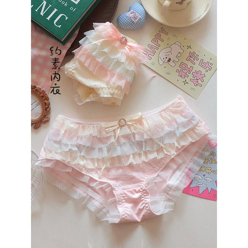 Japanese Style Lolita Princess Lingerie Set Women Pure Desire Cake Layer Lace Mesh Cotton Crotch Party Bra  Panty Set Soft Cute