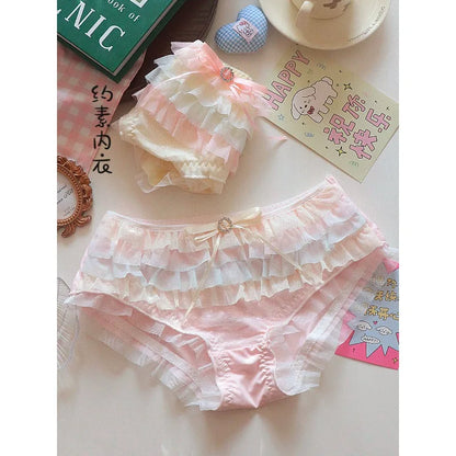 Japanese Lolita Princess Lingerie Women Pure Desire Cake Layer Lace Mesh Cotton Crotch Party Bra Panty Set Cute Comfortable Soft