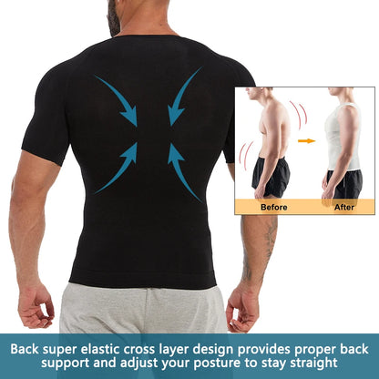 Men V-Neck Compression Shapewear Shirt Tummy Control Slim Body Shaper Short Sleeve Undershirt