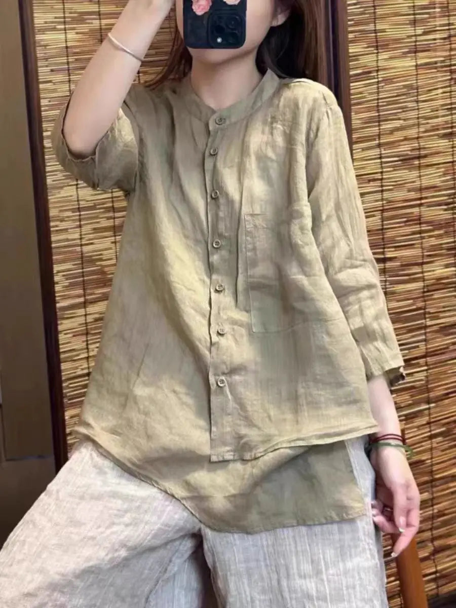 Summer Thin Retro Artistic Flax Stand Collar Seven Sleeve Loose Slimming Asymmetrical Top Women's Shirt Comfortable Breathable