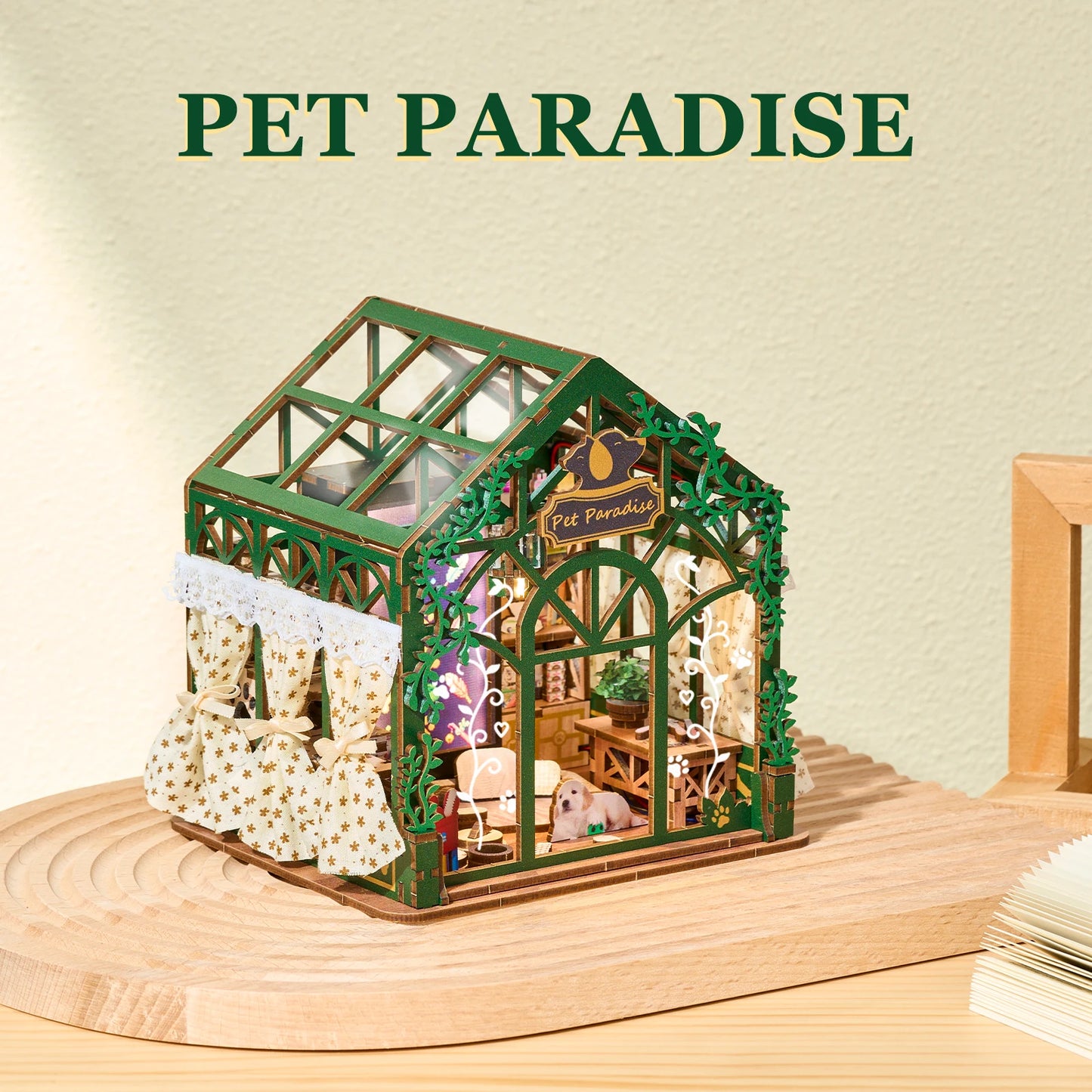 DIY Book Nook Kit Pet Paradise DIY 3D Wooden Puzzle Miniature Dollhouse Home Decoration Bookshelf Handmade Model