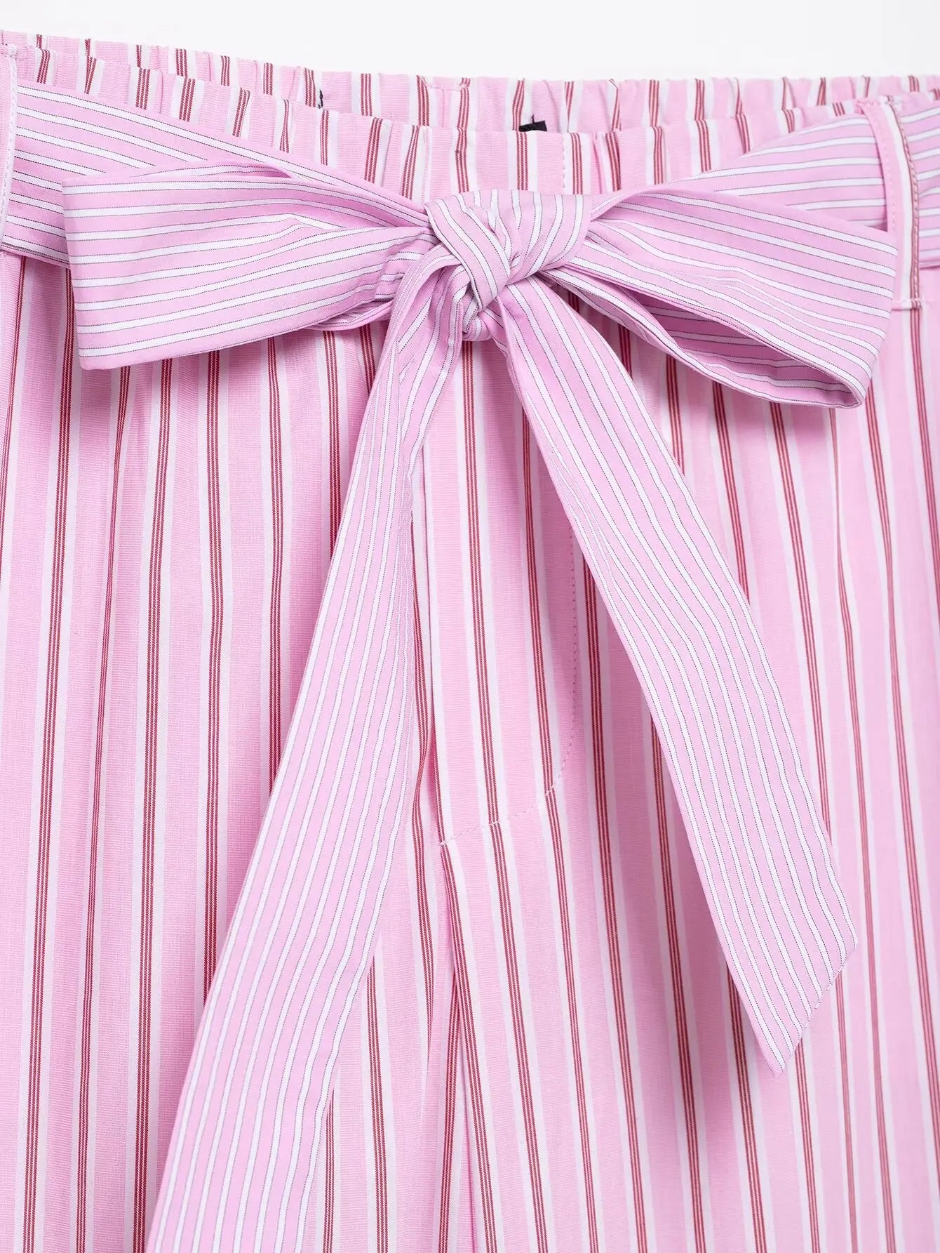 HH Women Striped Pants Suit Lapel Pocket Single-breasted Blouse+Side Zipper Lace Short Top+High Waist With Belt Poplin Pant