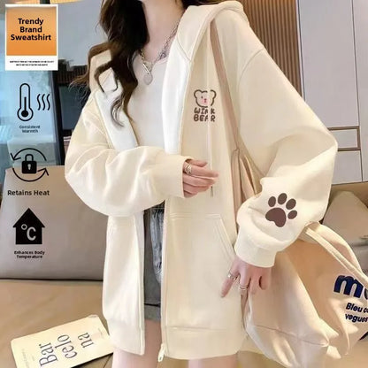 Korean Style Fleece Lined Oversized Hooded Cardigan Women's Autumn Winter Zipper Cartoon Print Top Coat Trendy Streetwear