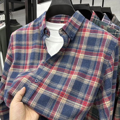 Cotton Plaid Shirt Men's Long Sleeved Spring New Loose Casual Jacket, Brushed and Iron Free Shirt Men's Clothing