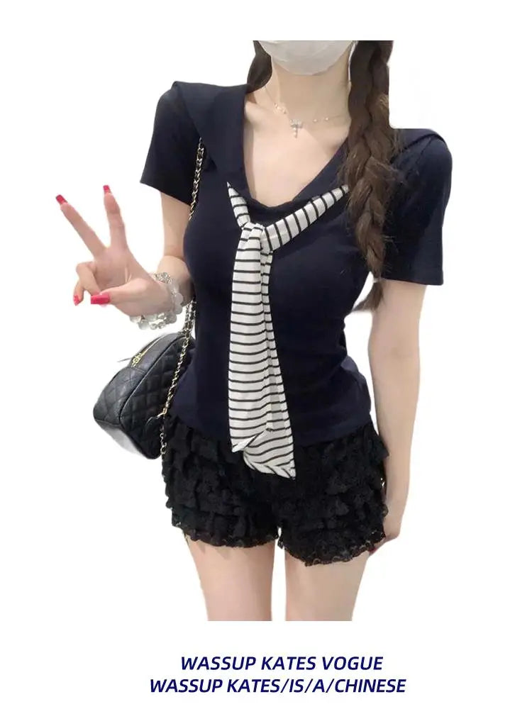 WASSUP Simple V-Neck Short Sleeve T-Shirt Women Summer Casual Slimming Navy Collar Top Korean Style Commute Fashion plus Size