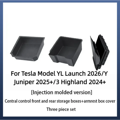 For Tesla Model 3/Y/YL 2024-2026 Hidden Storage Center Console Armrest Front And Rear Flocking Layered Grid Organized Container
