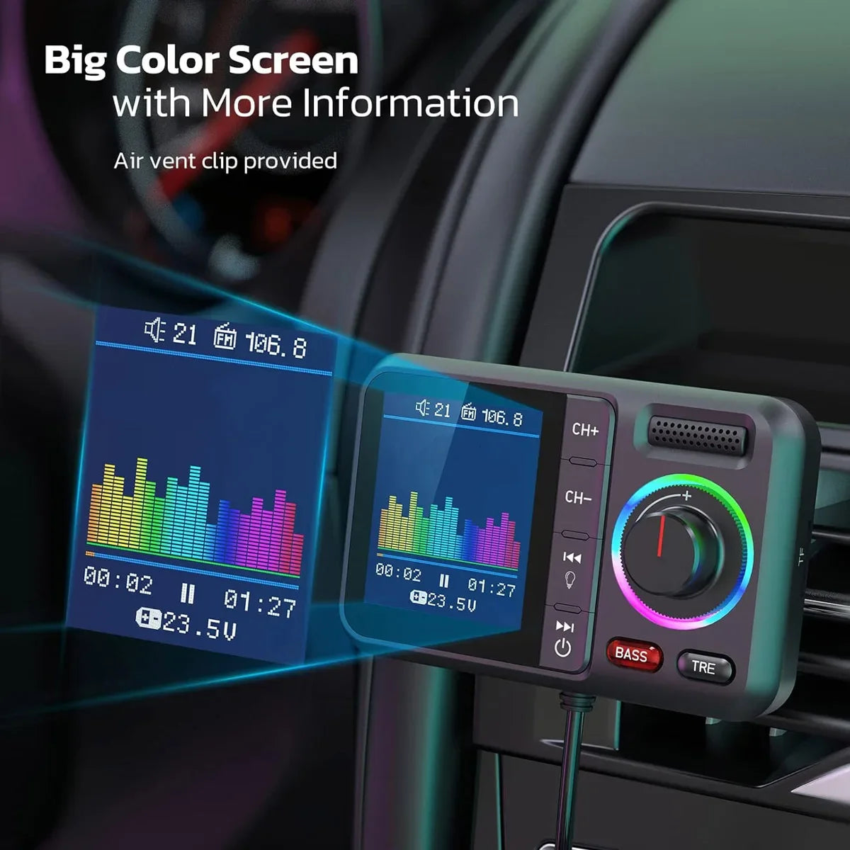 MP3 Music Player Wireless FM Transmitter with Big Color Screen 2.4A QC3.0 Dual USB Fast Charging Hands-Free Call Car AUX Adapter