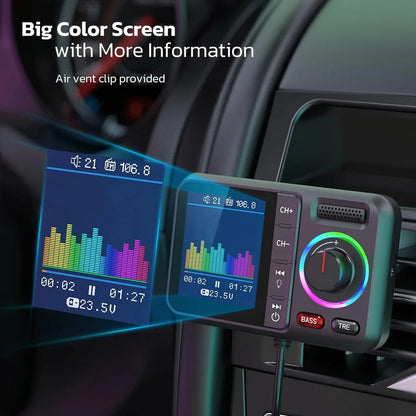 MP3 Music Player Wireless FM Transmitter with Big Color Screen 2.4A QC3.0 Dual USB Fast Charging Hands-Free Call Car AUX Adapter