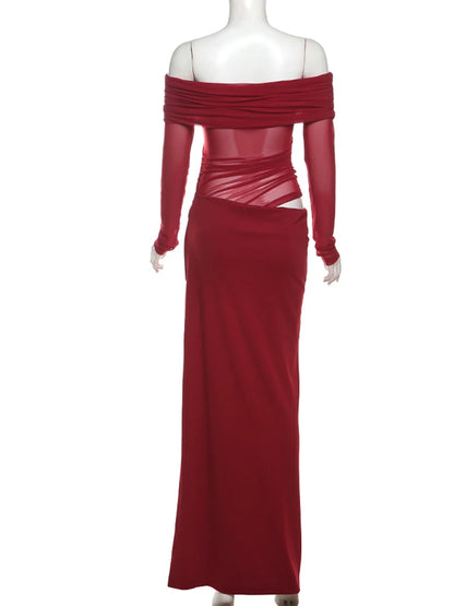 Nibber Sexy Dress Women 2025 Spring Patchwork Mesh Elegant Slash Neck Ruched Fit Chic Birthday Party Festival Vacation Vestidos