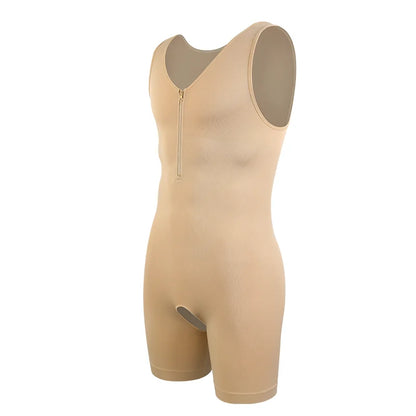 Men's Compression Bodysuit Tummy Control Body Shaper Seam-free Open Crotch Underwear Low Neckline Shapewear with Zipper Fajas