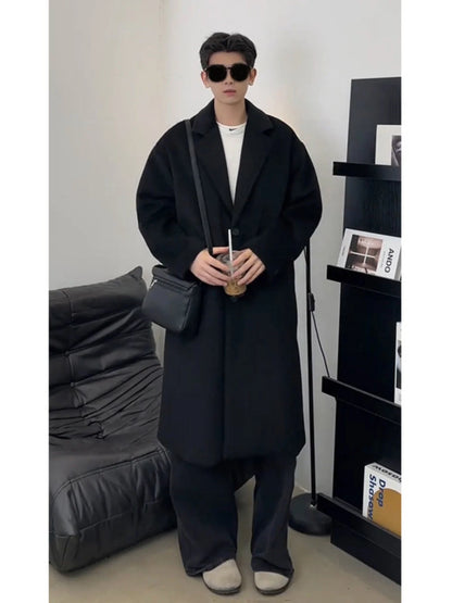 Thickened Mid-Length Woolen Men's Coat Black Intellectual Style Korean British Fashion Winter Outerwear Warm Long Sleeve Coat