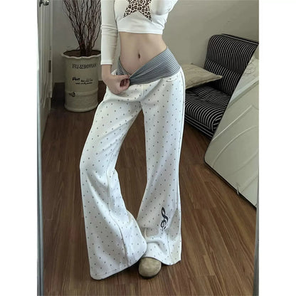 White Polka Dot Micro Flared Sport Pants Women's Autumn Winter Thickened Fleece Lazy Floor Length Pants Jazz Dance Pants