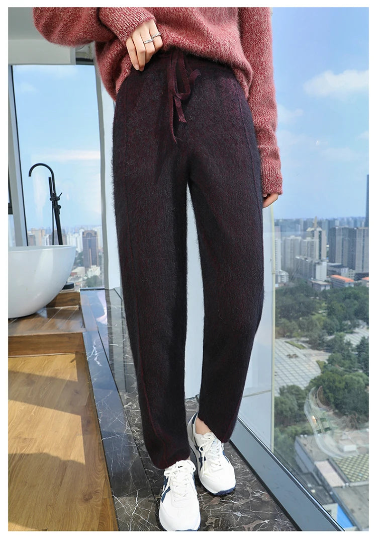 100% mink wool knitted high-waisted pencil pants women's casual autumn and winter new warm solid color thick cashmere pants