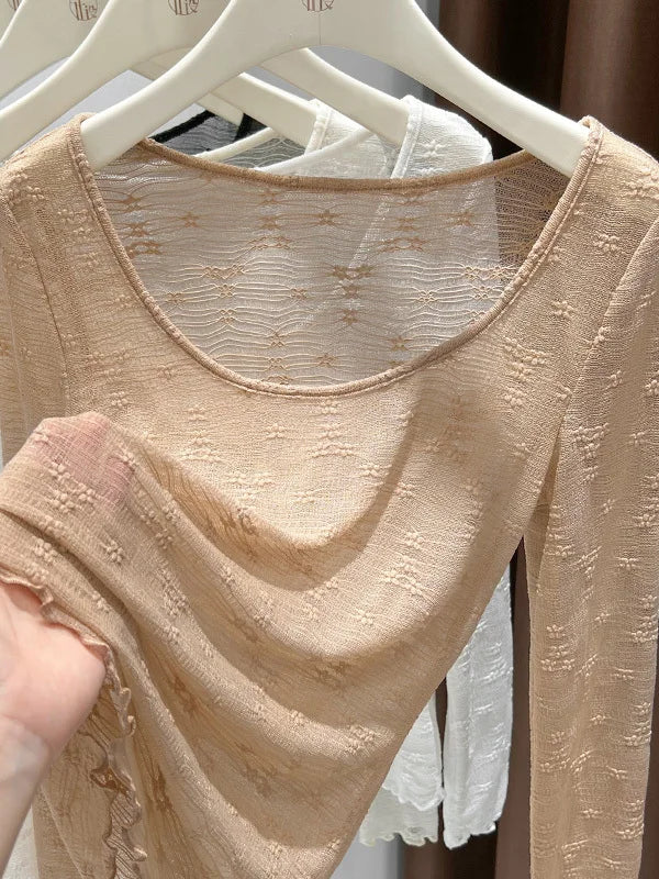 Sexy Lace Base Shirt Inner Wear Light Mesh Top Floral Trim Shoulder Exposure Thin Nylon Fabric Long Sleeve round Neck Spring ...