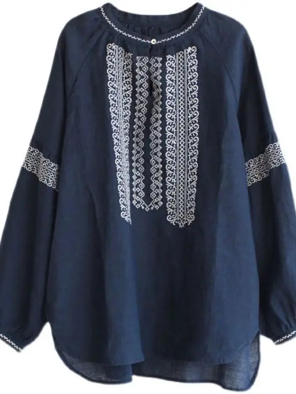 Retro Embroidered Cotton Linen Long Sleeve Women's Shirt Thin Top Large Size Cotton Linen Long Sleeve T-Shirt Commute Wear