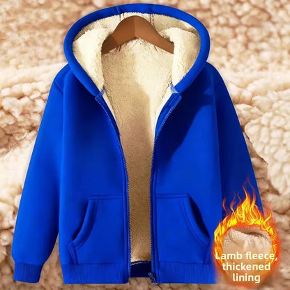 Ladies Large Size American Style Lamb Velvet Hoodie Zipper Cardigan Outerwear Autumn Winter Thickened Long Sleeve Casual Wear
