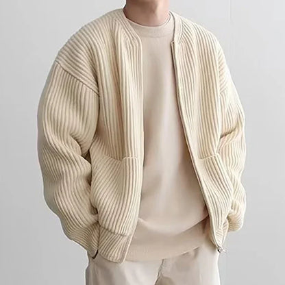 Men's Solid Color Zipper Cardigan Sweater Winter New Multiple Pockets Knit Sweater Coats Casual Stand Collar Cardigan Outerwear