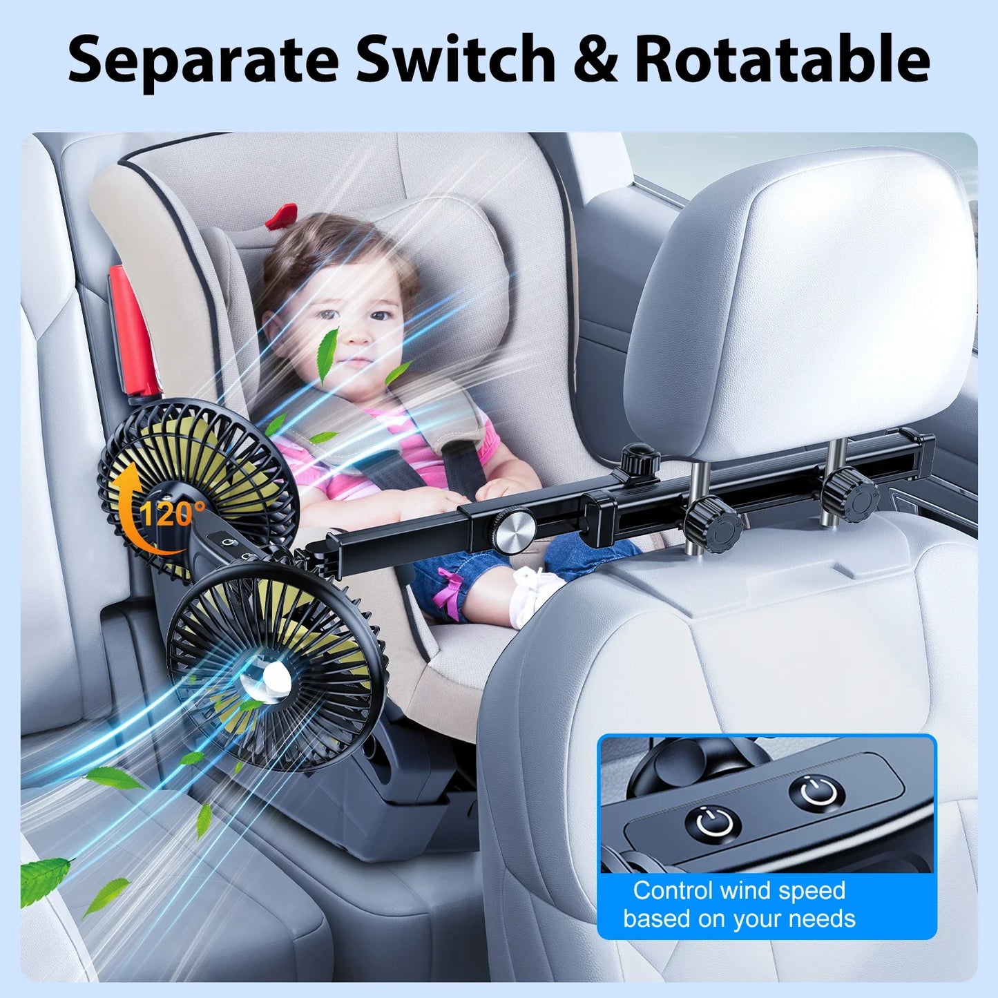 Hipacool Battery Dual Head Fan for Car Backseat with Retractable Long Arm USB Rechargeable Car Seat Headrest Cooling Fan