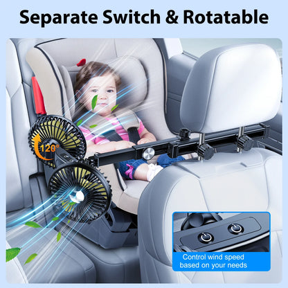 Hipacool Battery Dual Head Fan for Car Backseat with Retractable Long Arm USB Rechargeable Car Seat Headrest Cooling Fan