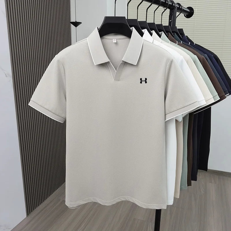 New Summer Men Striped Trim Collar Polo Shirt, Solid Quick Dry Breathable Plain Short Sleeve Top Mens Apparel