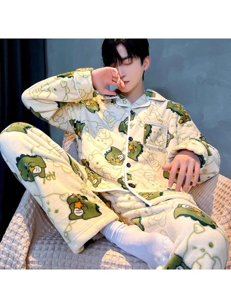 Winter Thickened Coral Fleece Sleepwear Men's Set Fleece Lined Long Sleeve Flannel Home Clothes Loose Fit New 2026 Style