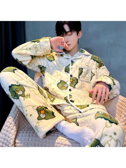 Winter Thickened Coral Fleece Sleepwear Men's Set Fleece Lined Long Sleeve Flannel Home Clothes Loose Fit New 2026 Style