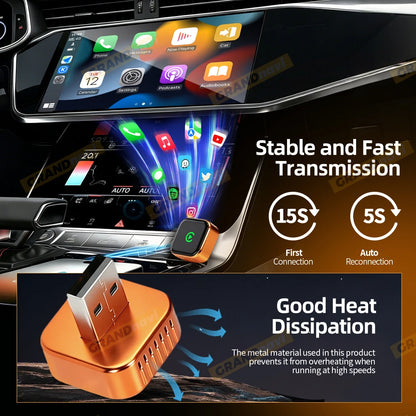 CarPlay Wireless Orange Adapter 2026 New Plug & Play Auto Connect No Delay Converts Wired to Wireless iPhone & Android