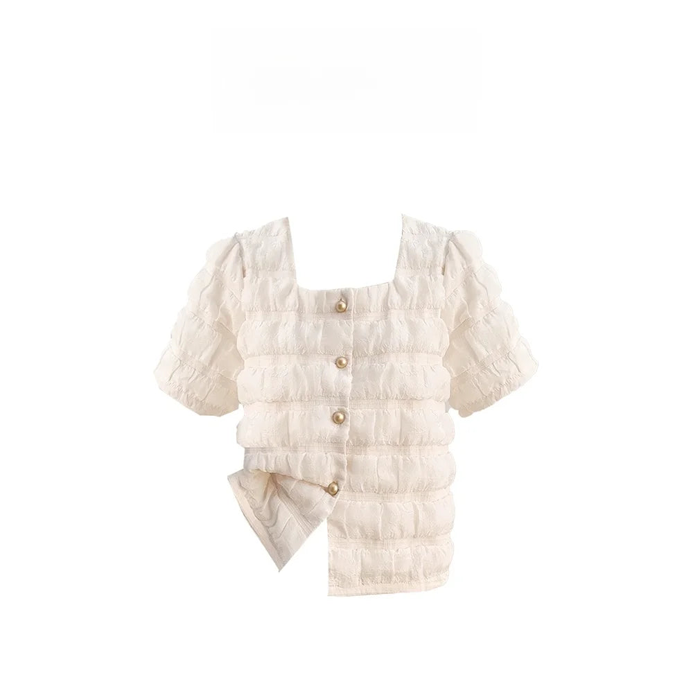 Parkyeon Summer New Peach Short Sleeve Square Collar Shirt Unique Beautiful Small Top Women's Loose Fit  Shirt