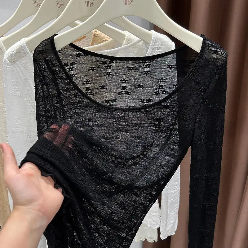 Sexy Lace Base Shirt Inner Wear Light Mesh Top Floral Trim Shoulder Exposure Thin Nylon Fabric Long Sleeve round Neck Spring ...