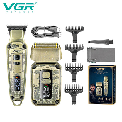 VGR professional high-end hair trimmer set, retro metal electric push shear, home LED intelligent digital hair clipper, shaver
