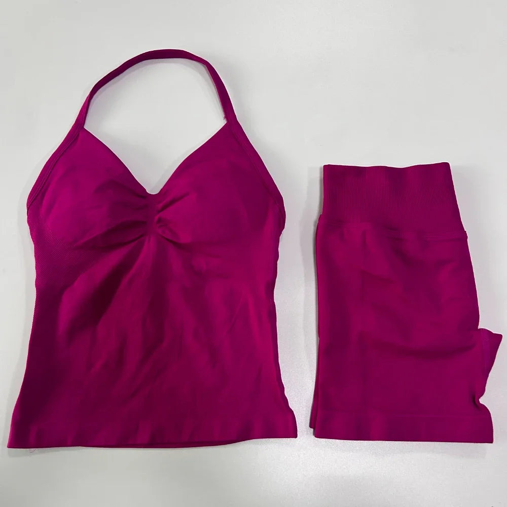 2 Pieces Sports Set Women Backless Tank Yoga Tops High Waist Scrunch Seamless Shorts Sport Gym Set Sportswear Workout Set