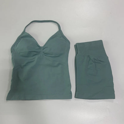 2 Pieces Sports Set Women Backless Tank Yoga Tops High Waist Scrunch Seamless Shorts Sport Gym Set Sportswear Workout Set