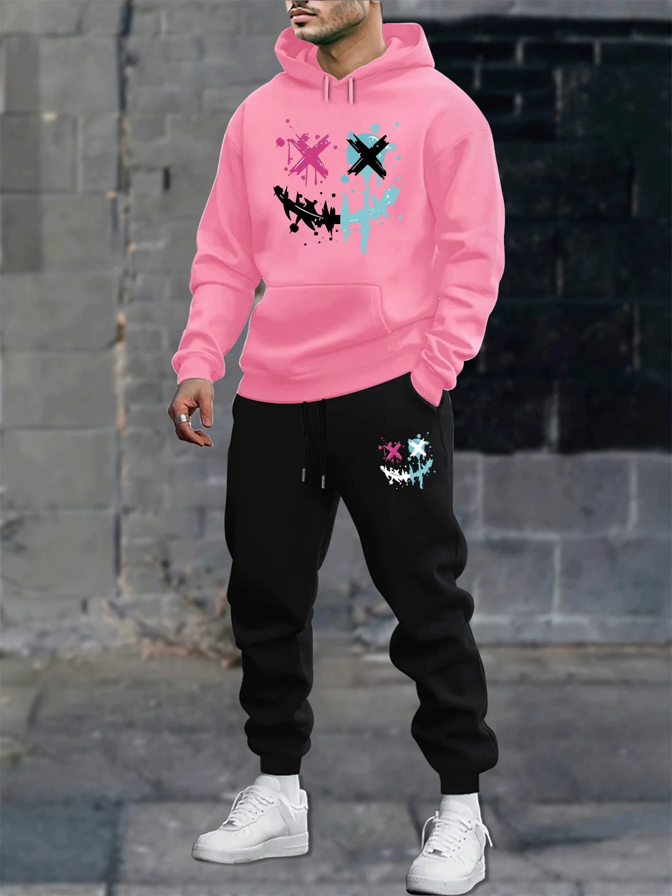 Men's autumn and winter casual fashion warm smiling face pattern printed loose plush thick hooded sweatshirt+sweatpants set