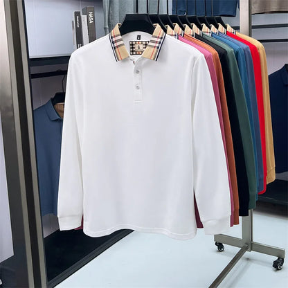 Fashion silk cotton long sleeve polo shirt men's autumn luxury brand simple comfortable new business and leisure lapel T-shirt