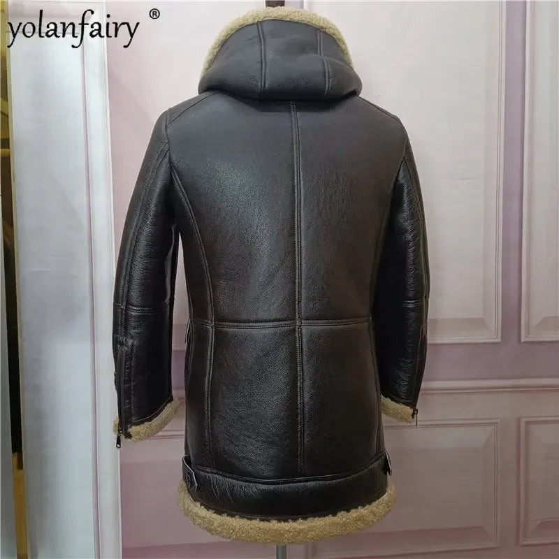 YOLANFAIRY Original Natural Leather Fur Coat Men Long Hooded Sheepskin Real Fur Coat Genuine Leather Jacket Men's Winter Jacket