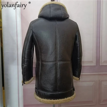 YOLANFAIRY Original Natural Leather Fur Coat Men Long Hooded Sheepskin Real Fur Coat Genuine Leather Jacket Men's Winter Jacket