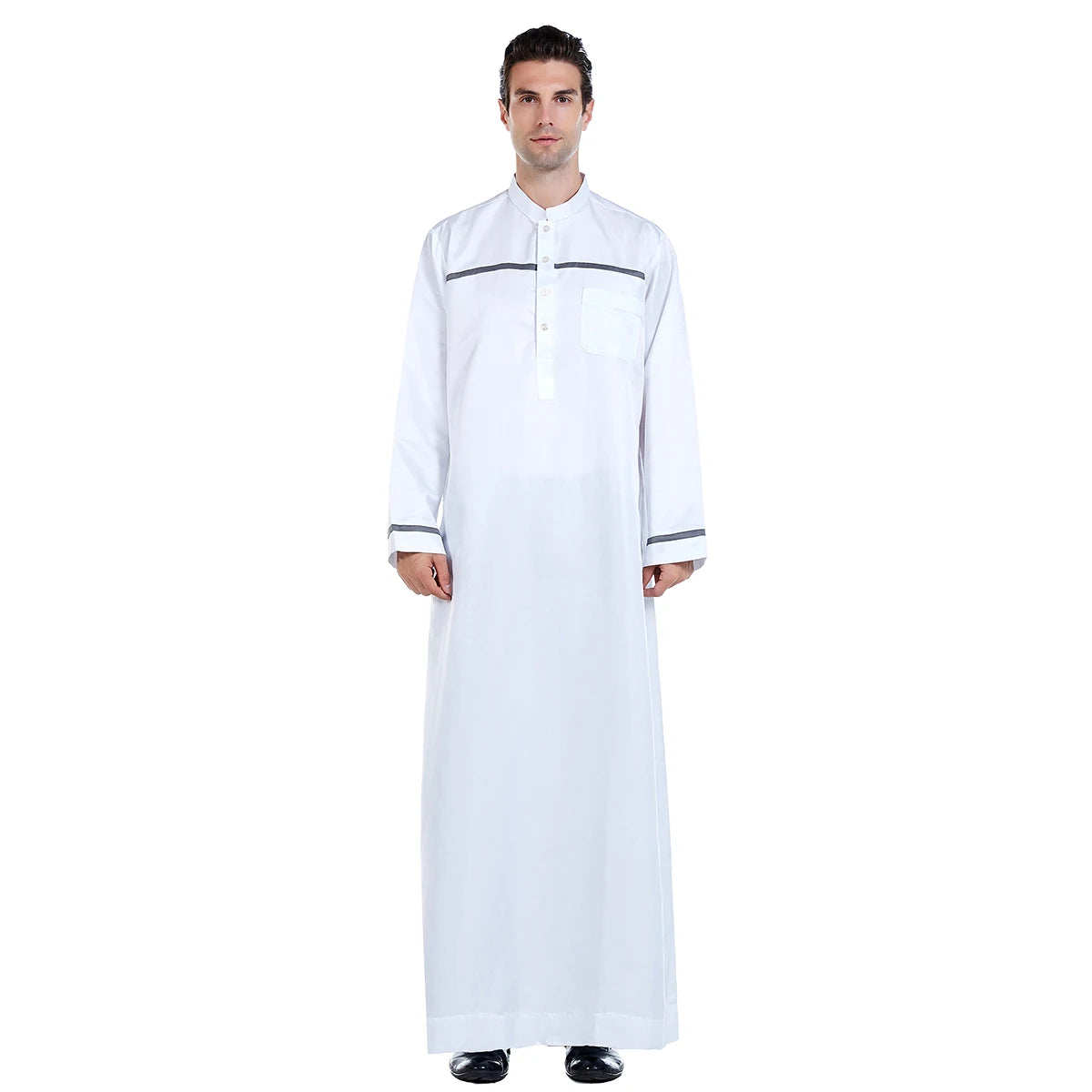TH818 Men's Muslim Middle Eastern Men Long Sleeves Stand Collar Color-matching Button Robe Ramadan Eid Jubba Thobe