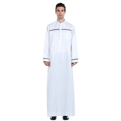 TH818 Men's Muslim Middle Eastern Men Long Sleeves Stand Collar Color-matching Button Robe Ramadan Eid Jubba Thobe