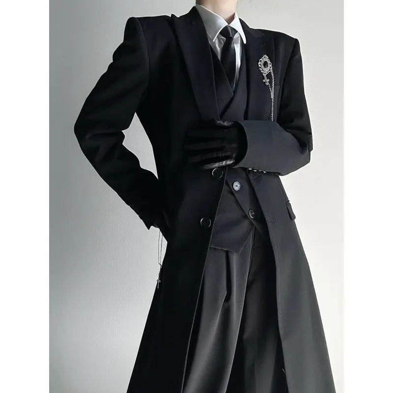 2025 New Long Tailored Coat Jacket Four-Piece Set Neutral Style Shoulder-Length Black High-End Feelings Casual Youth Fashion