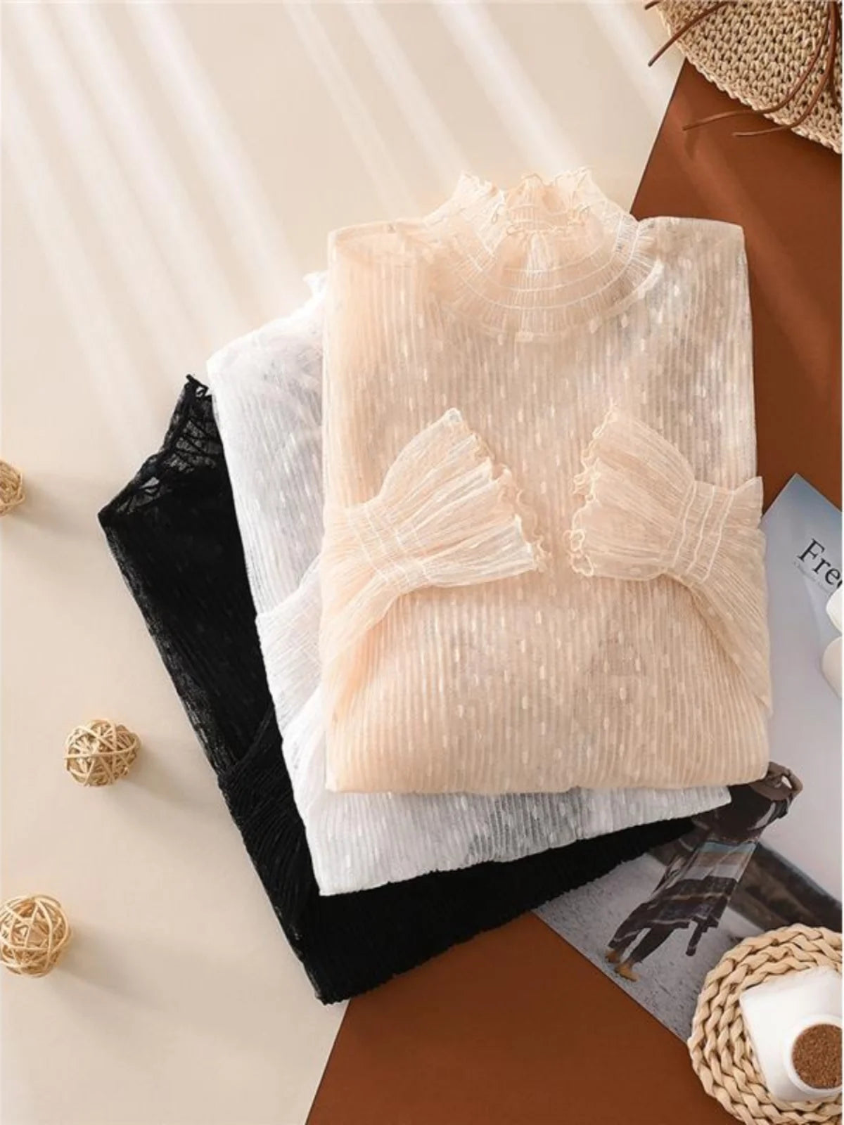 Elegant High Collar Lace Base Shirt Women's Long Sleeve Autumn Winter Fashion Inner Wear Polka Dot Mesh Top Straight Cut Holl...