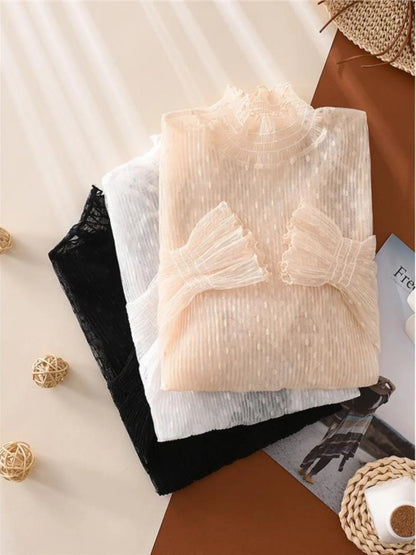 Elegant High Collar Lace Base Shirt Women's Long Sleeve Autumn Winter Fashion Inner Wear Polka Dot Mesh Top Straight Cut Holl...