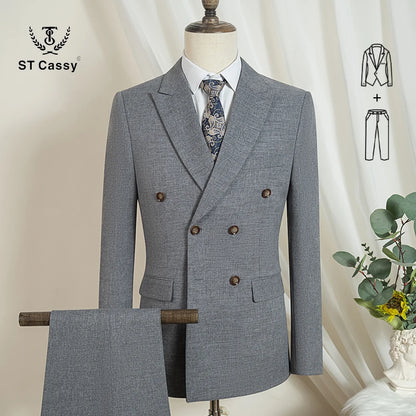 ST Cassy 2-Piece Set (Jacket + Pants) Double-Breasted Man Suit Blue Modern Wedding Suits for Men Slim Fit Business Office Suit