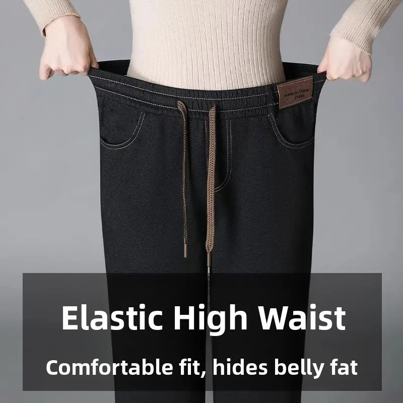 Women's Fleece Lined Wide Leg Pants High Waist Elastic Casual Mom Straight Leg Jeans Style Autumn Winter Fashion Loose Fit