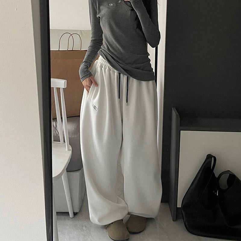 Thickened Fleece Loose Fit Sweatpants Youthful Vitality Style Pure Color Cuffed Casual Pants Spring Autumn Loose Trousers