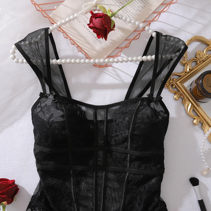 2025 European and American Cross border New Perspective Lace Lace Slimming and Body Shaping Sexy Girlfriend jumpsuit with an Ope