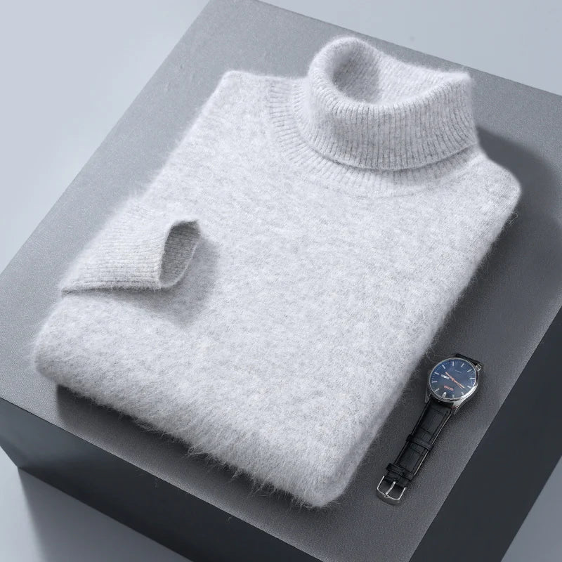 Autumn and Winter Men Loose Turtleneck 100% Mink Cashmere Sweater Men's Casual Thermal Pullover Solid Color Knit Plus-Size Top